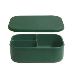 Top view of a moss green silicone bento box with divided compartments for organizing lunch, lightweight and durable, designed for easy, stress-free everyday packing.