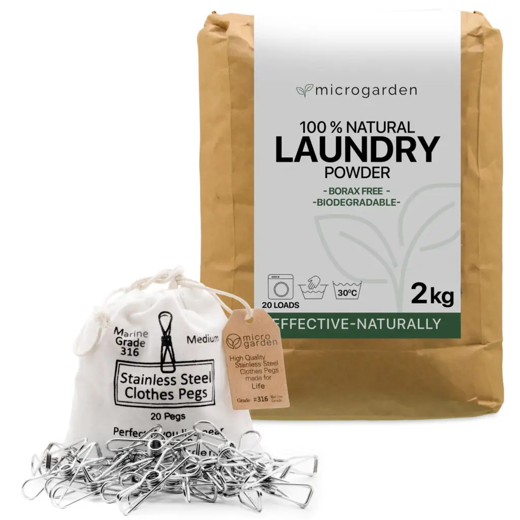 100 % Natural Laundry Powder (2KG) / Stainless Steel Clothes Pegs - 20 Pegs Grade 316